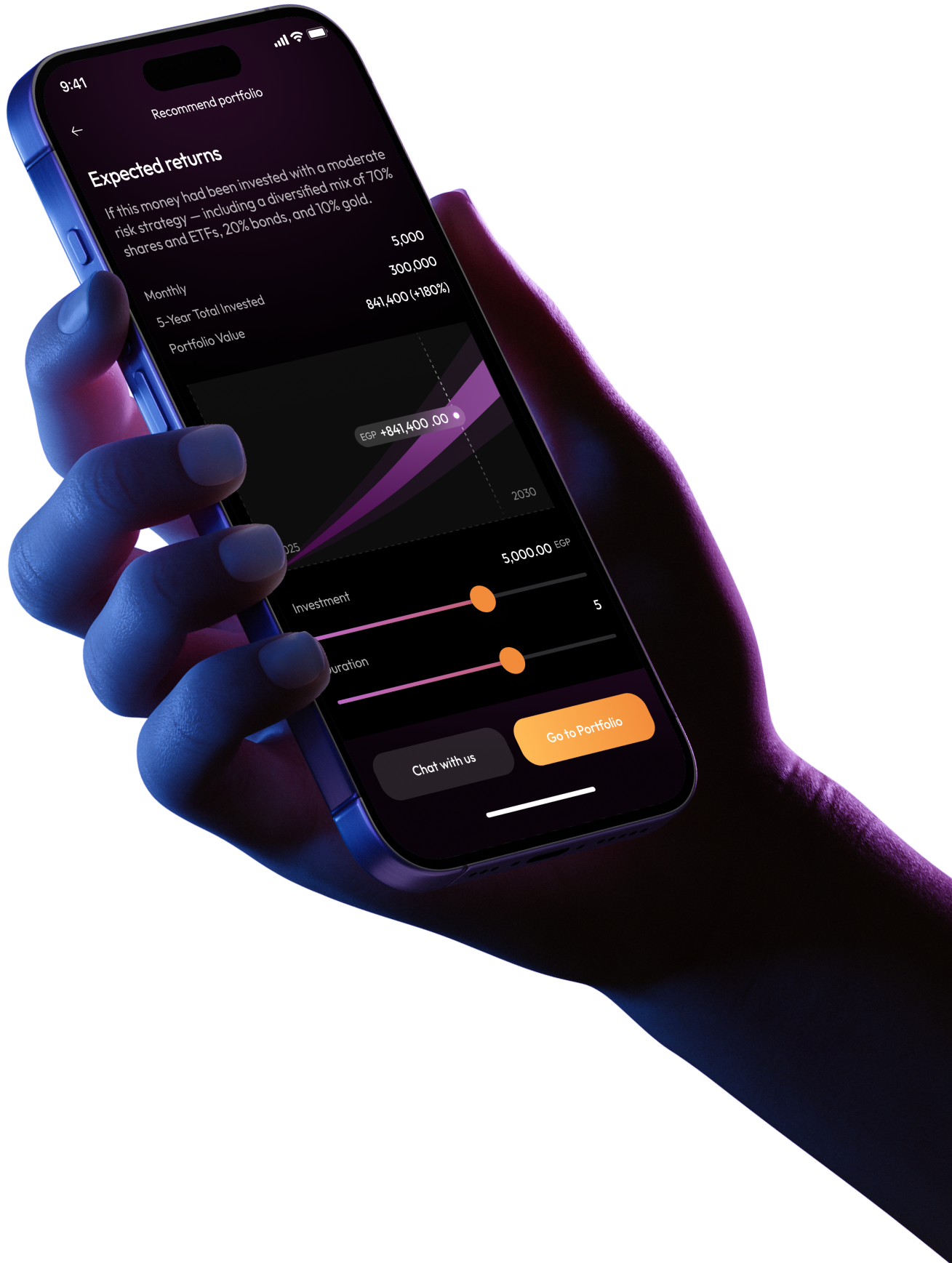 Hand holding phone with finc app